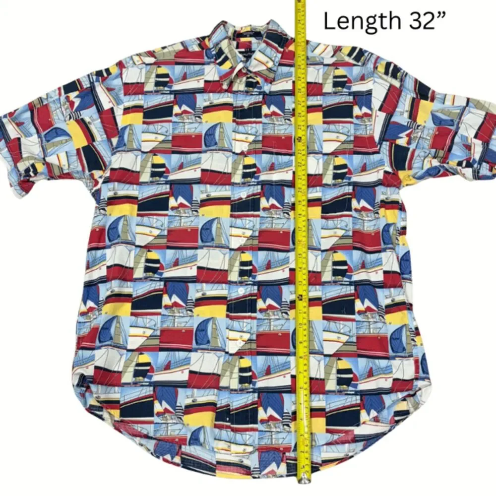 Nautica Sailboat Print Button Down Shirt Men’s M 100% Cotton Nautical 23x32